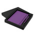 A purple notebook and pen set displayed in a black gift box, featuring a logo on the pen.