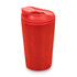 A reusable coffee cup in vibrant red with a secure lid and a sleek design. Features a logo.