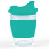A reusable coffee cup with a clear body and a teal silicone sleeve and snap lid.