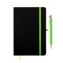 A black notebook with a green elastic band and a matching green pen, featuring a logo.
