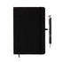 A black notebook with an elastic band and a silver Napier pen positioned beside it. The notebook has a logo.