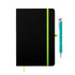 A black notebook with a green elastic band and a turquoise pen beside it. The notebook has a branding logo.