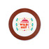 A circular coaster featuring a colourful design with the name "WILD HUT" and decorative elements. It has a wooden border.