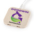 A square wireless charger hub in a light beige color, featuring a logo and two USB ports.
