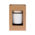 A reusable coffee cup with a silicone band, presented in a cardboard packaging with a viewing window.