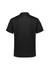 A black short sleeve polo shirt featuring a logo and textured detailing on the shoulders and back.