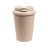 A drink bottle made of eco-friendly material, featuring a beige reusable coffee cup with a comfort lid and branding.