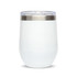 A reusable coffee cup in white with a stainless steel rim and a clear lid, featuring a smooth surface and rounded design.