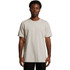 A plain, light grey t-shirt on a person, featuring short sleeves and a crew neckline, with a logo on the fabric.