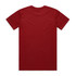 A red T-shirt with a plain back and short sleeves, featuring a logo on the label area.