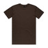 A brown T-shirt with a crew neck and short sleeves. The shirt features a logo at the neck.