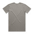 A plain grey T-shirt with short sleeves and a round neckline, featuring a logo on the back.