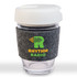 A reusable coffee cup featuring a clear body, white flip lid, and a grey RPET band. It has a logo on the band.