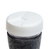 A reusable coffee cup with a white flip lid and a grey RPET band. The design includes a transparent body.