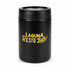 A drink bottle cooler in black with a logo displayed on the surface. It features a cylindrical design.