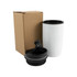 A reusable coffee cup in white with a black lid, displayed beside a plain cardboard box.