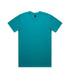 A teal t-shirt with short sleeves and a crew neck, featuring a logo on the label.