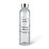 A drink bottle made of clear glass with a silver lid and a logo printed on the side.