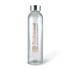 A drink bottle made of clear glass with a silver metal lid and a logo on the side.