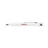 A white plastic pen with a silver clip and a branding logo in red.