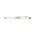 A white plastic pen with a silver clip and an orange logo on the side.