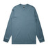 A long-sleeve tee in a muted blue colour, featuring a simple design and a logo on the label.
