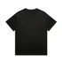 A black heavy tee shirt with a crew neck and short sleeves. The design includes a logo on the label.