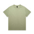 A plain olive green T-shirt with a round neck and short sleeves, featuring a tag inside.