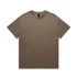 A brown heavy tee with a round neckline and short sleeves, featuring branding on the inside tag.