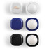 A cube lip balm in white, blue, and black packaging, featuring a logo on the white container.