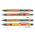A collection of bamboo pens in silver and gunmetal colors, featuring various logos.