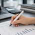 A hand holding a white pen writing on a financial summary document, with a calculator and books in the background.