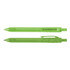 A green pen made from recycled PET plastic bottles, featuring a clip and transparent design, with branding on the barrel.