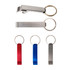 A drink bottle opener keytag in silver, red, and blue, featuring a keyring and a branding logo.