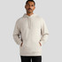 A light grey hoodie with a front pocket and a drawstring hood, featuring a logo on the chest.