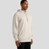 A light beige hoodie with a front pocket and a drawstring hood, featuring a logo on the chest.