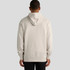 A beige hoodie with a drawstring hood and a plain back, featuring a logo on the sleeve.