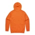 An orange hoodie with a hood and long sleeves, featuring a logo on the back.