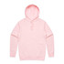 A pink hoodie with a front pocket and a hood, featuring a logo on the chest area.