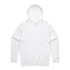 A white hoodie with a front pocket and a drawstring hood, featuring a logo on the front.