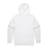 A white hoodie with a front pocket and a large hood, featuring a logo on the back.