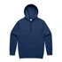 A navy blue hoodie with a front pocket and a hood, featuring a logo on the inside label.