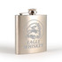 A stainless steel hip flask with an engraved eagle design, featuring a screw-top lid.
