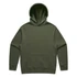 An olive green hoodie with a front pocket and a large hood, featuring a small logo.