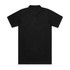 A black polo shirt featuring short sleeves and a collar, with a logo on the back.
