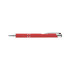 A red metal pen with silver accents and a sleek design, featuring a branding logo.