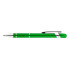 A green aluminium pen with silver accents and a clip, designed for writing. It has a textured grip.