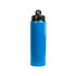 A drink bottle in a vibrant blue color with a black flip straw lid and a logo on the top.