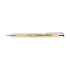 A plastic pen with a cork body and silver accents. It features a logo on the side.