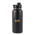 A drink bottle in sleek black with a black cap and a logo featuring the words "Glam Camp" in orange and white.